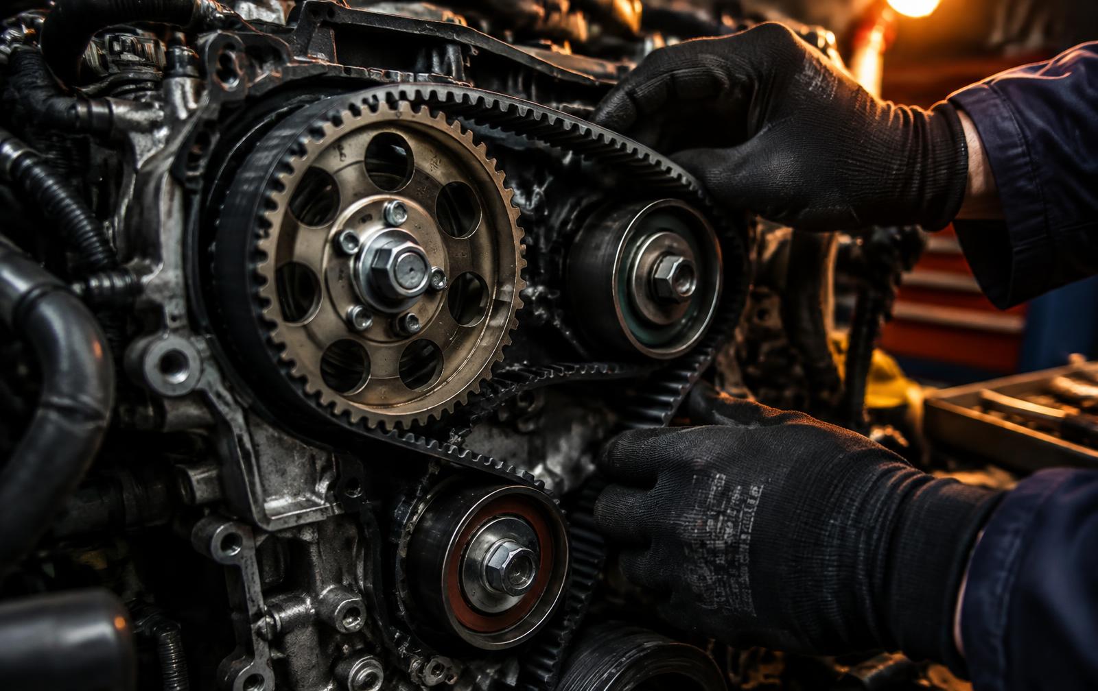 Mechanic fitting a new cam belt